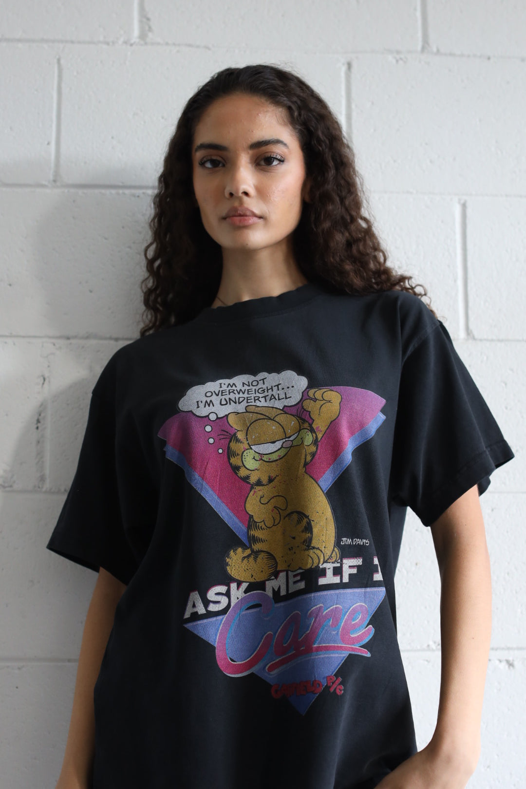 Vintage Garfield "Ask Me If I Care" Pigment Dye Heavyweight T-Shirt - Black