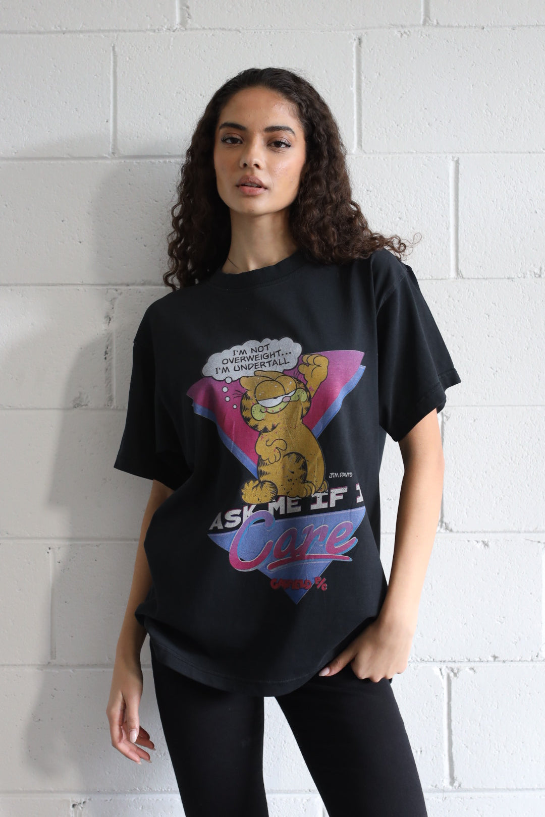 Vintage Garfield "Ask Me If I Care" Pigment Dye Heavyweight T-Shirt - Black