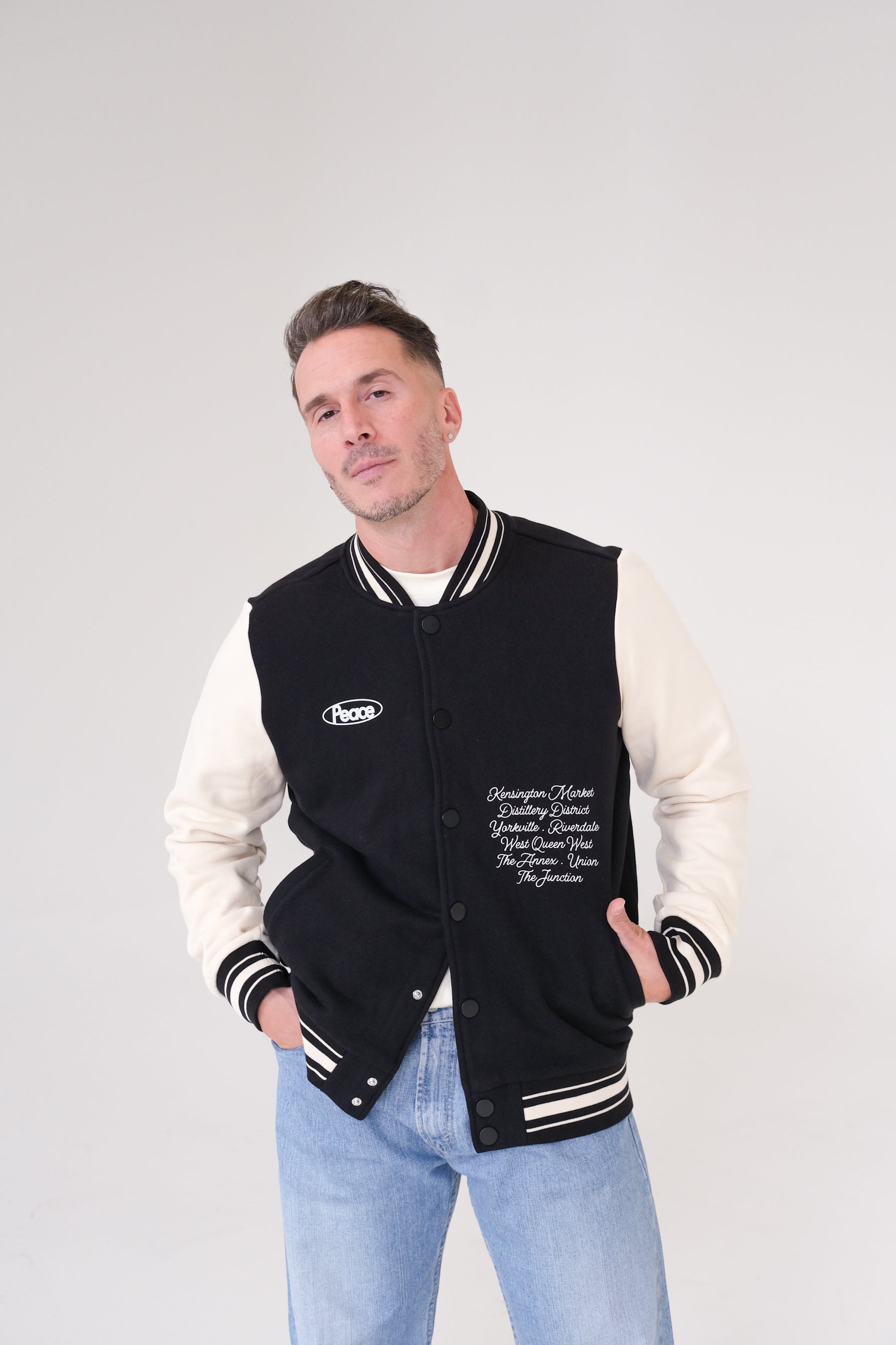 Peace & Love in Toronto Letterman Jacket - Black/Cream