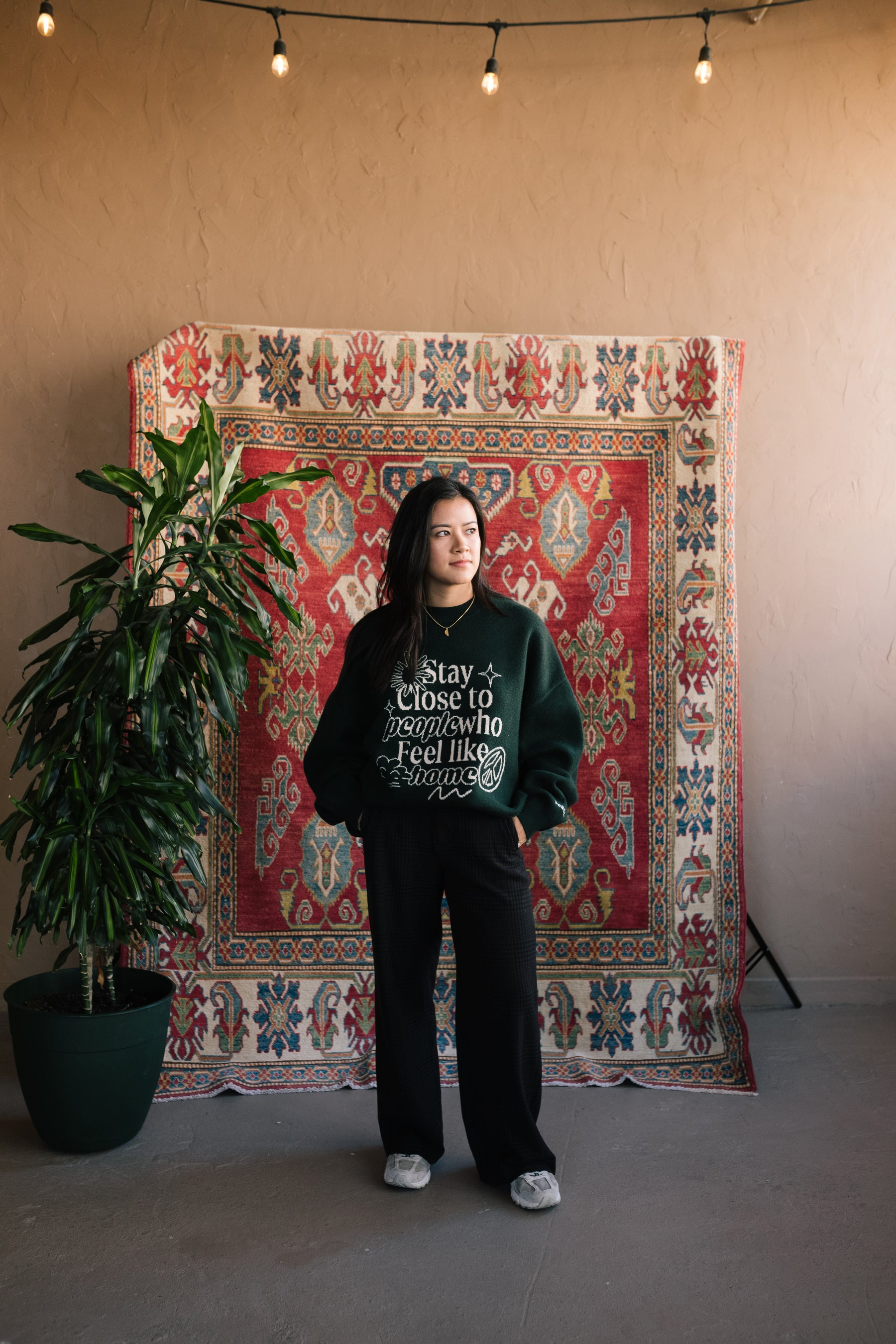Stay Close to People Who Feel Like Home Knit Sweater - Forest Green