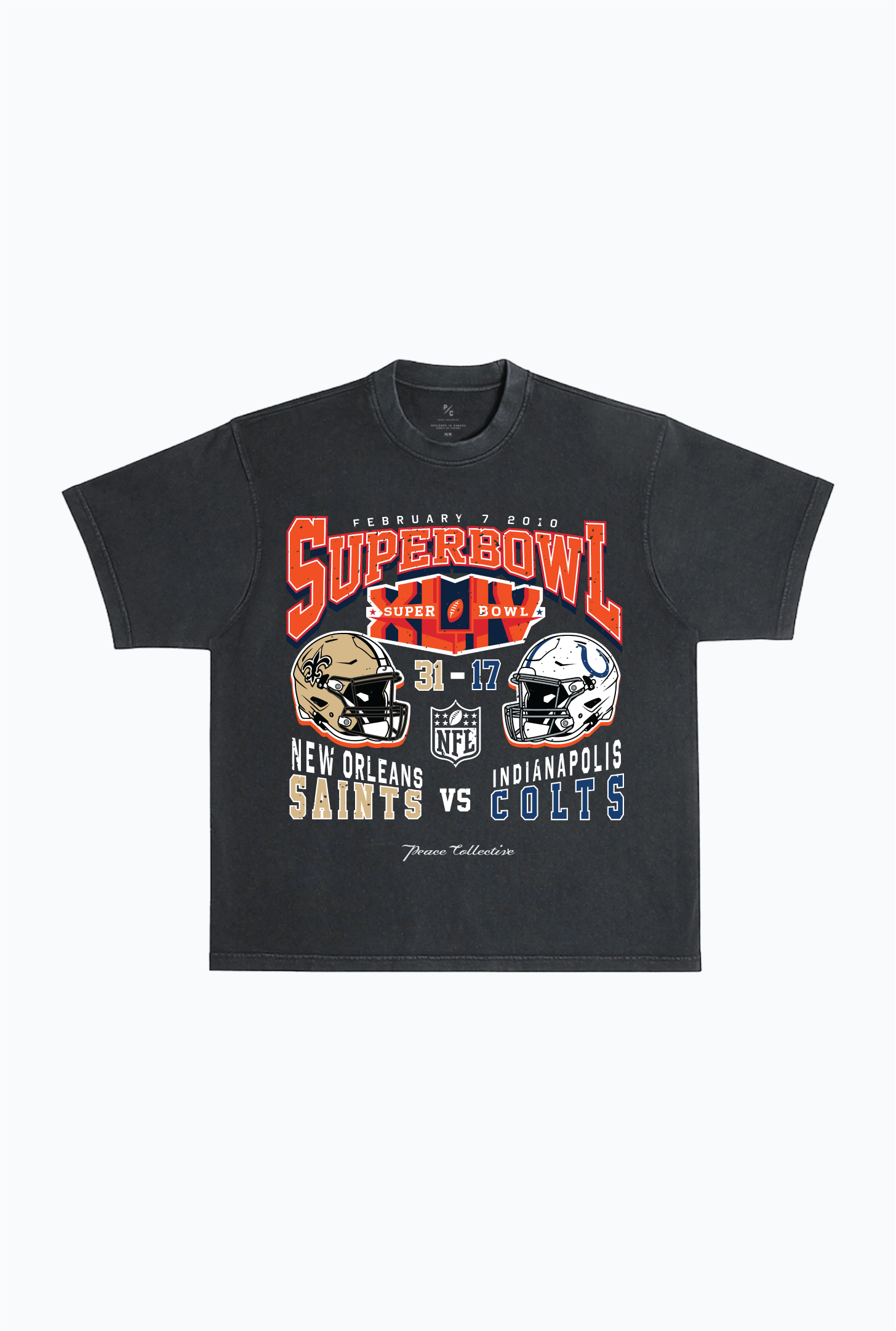 Super Bowl XLIV: New Orleans Saints vs. Indianapolis Colts, schweres, stückgefärbtes T-Shirt – Schwarz