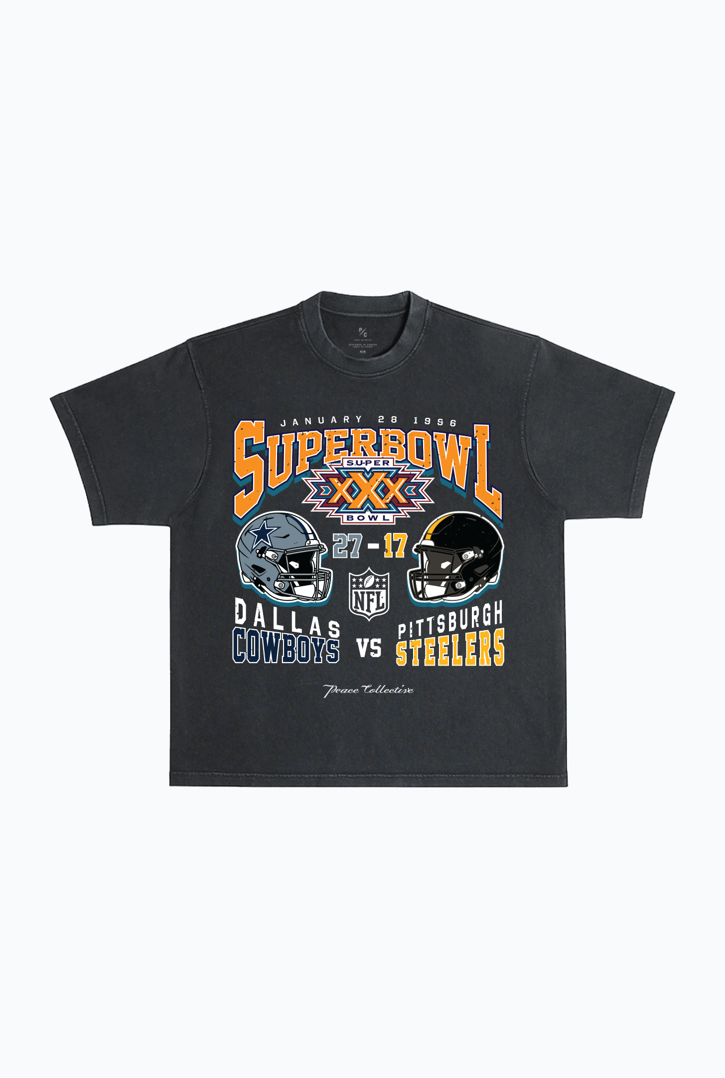 Super Bowl XXX: Dallas Cowboys vs Pittsburgh Steelers, schweres, stückgefärbtes T-Shirt – Schwarz
