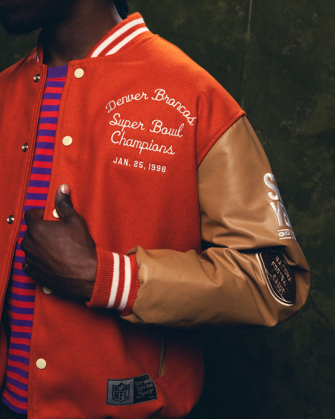 Super Bowl 1998 Denver Broncos vs. Green Bay Packers Varsity Jacket - Orange