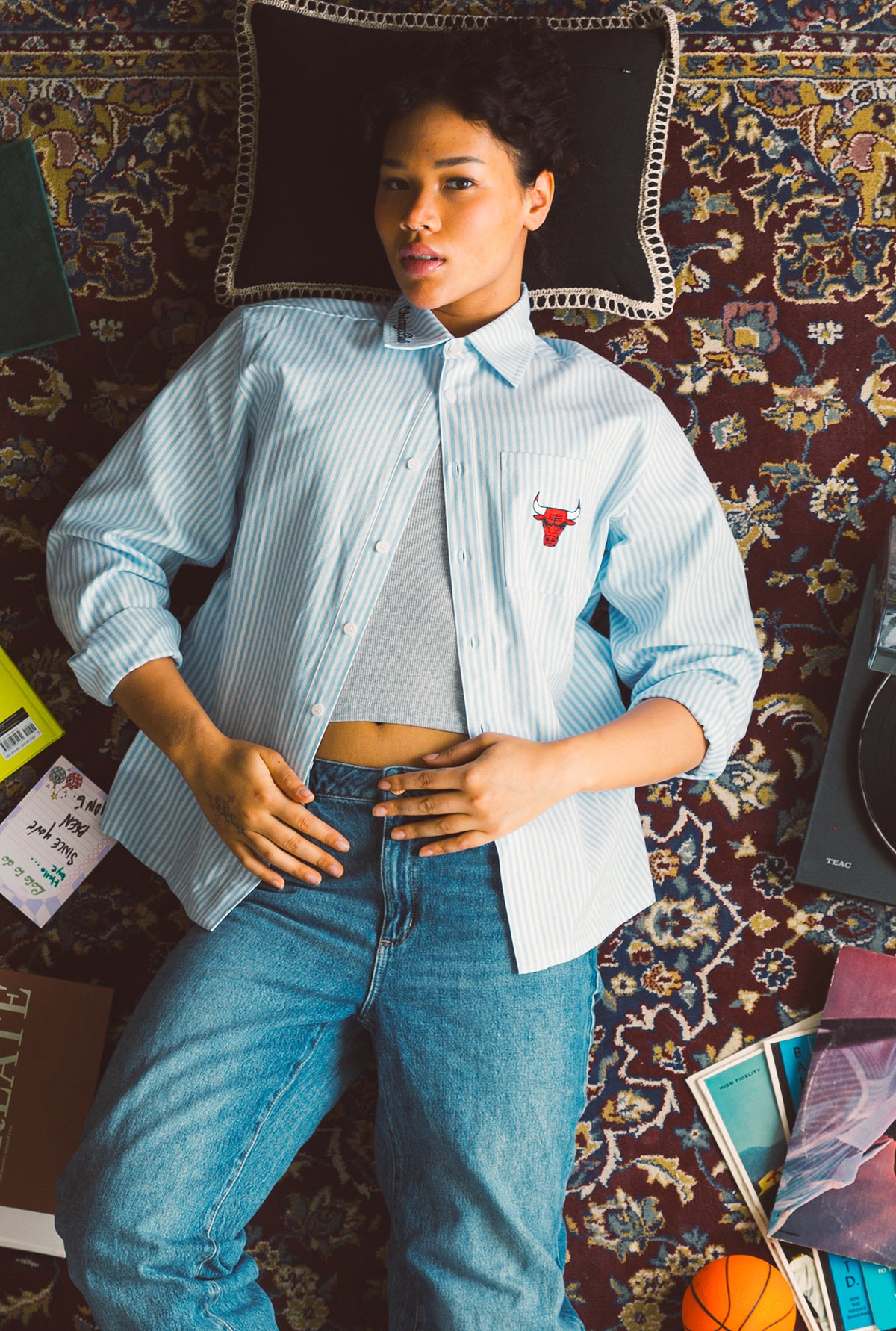 Chemise à manches longues en popeline Chicago Bulls - Blanc / Bleu