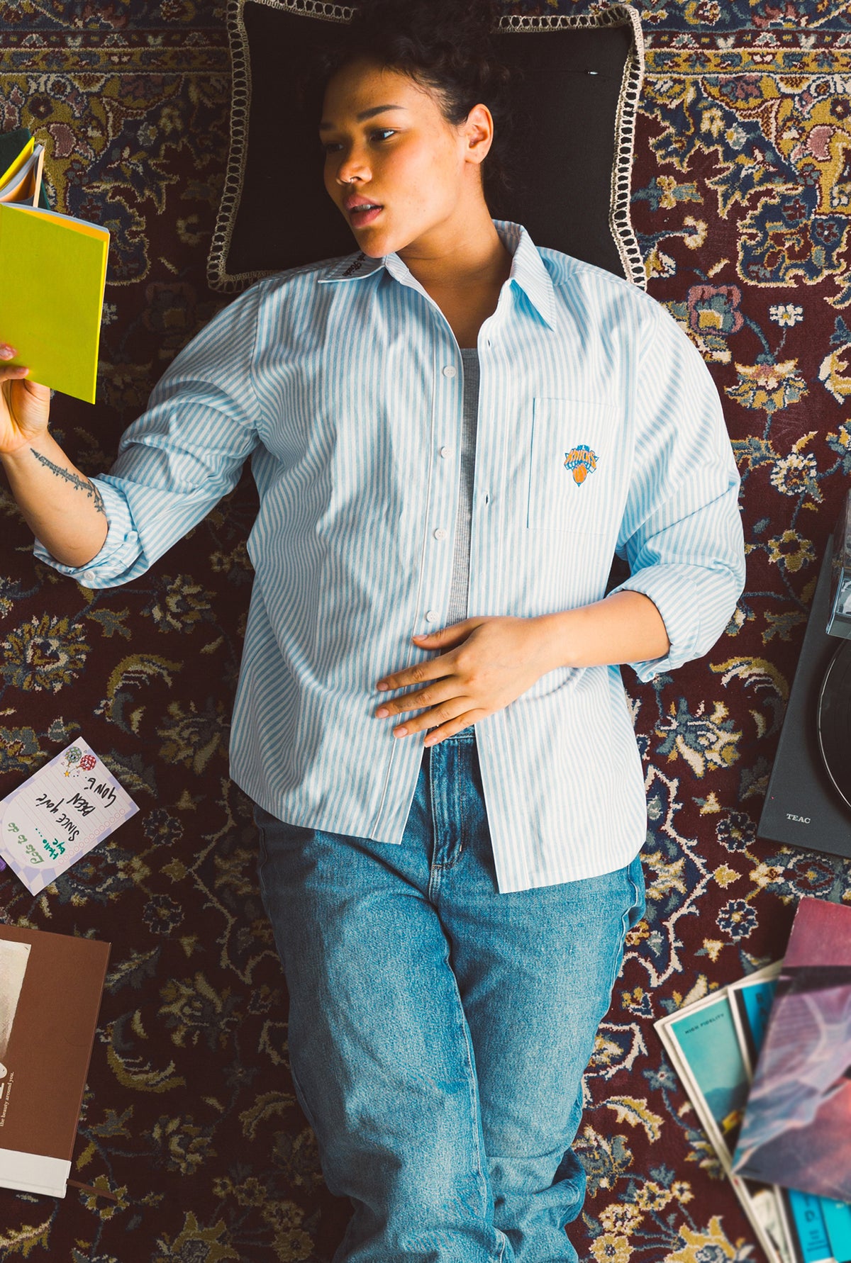 Chemise à manches longues en popeline des New York Knicks - Blanc/Bleu