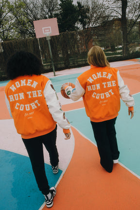 Women Run the Court Letterman Jacket - Orange/Ivory