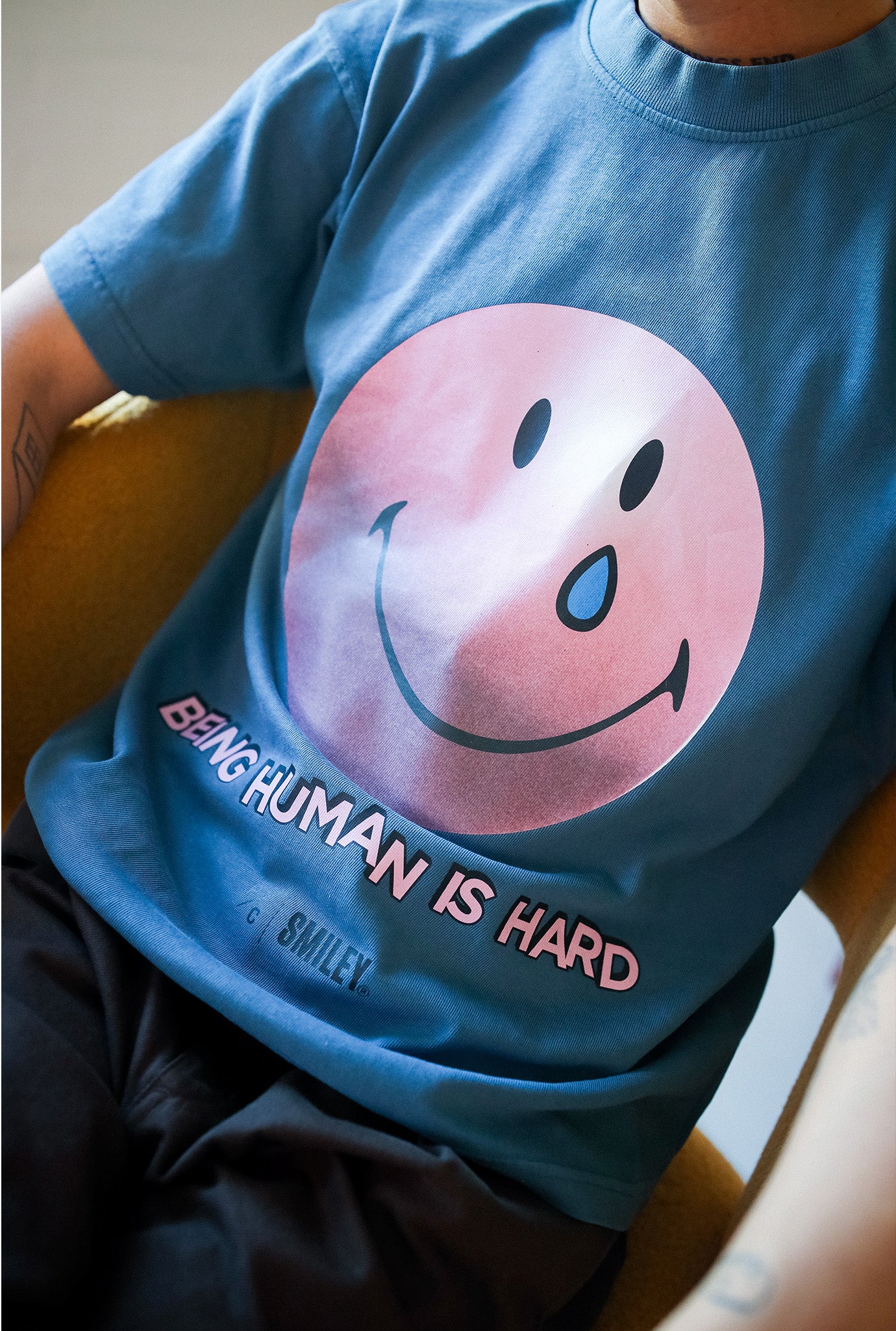 SMILEY: Being Human is Hard Heavyweight Garment Dyed T-Shirt - Pebble Blue