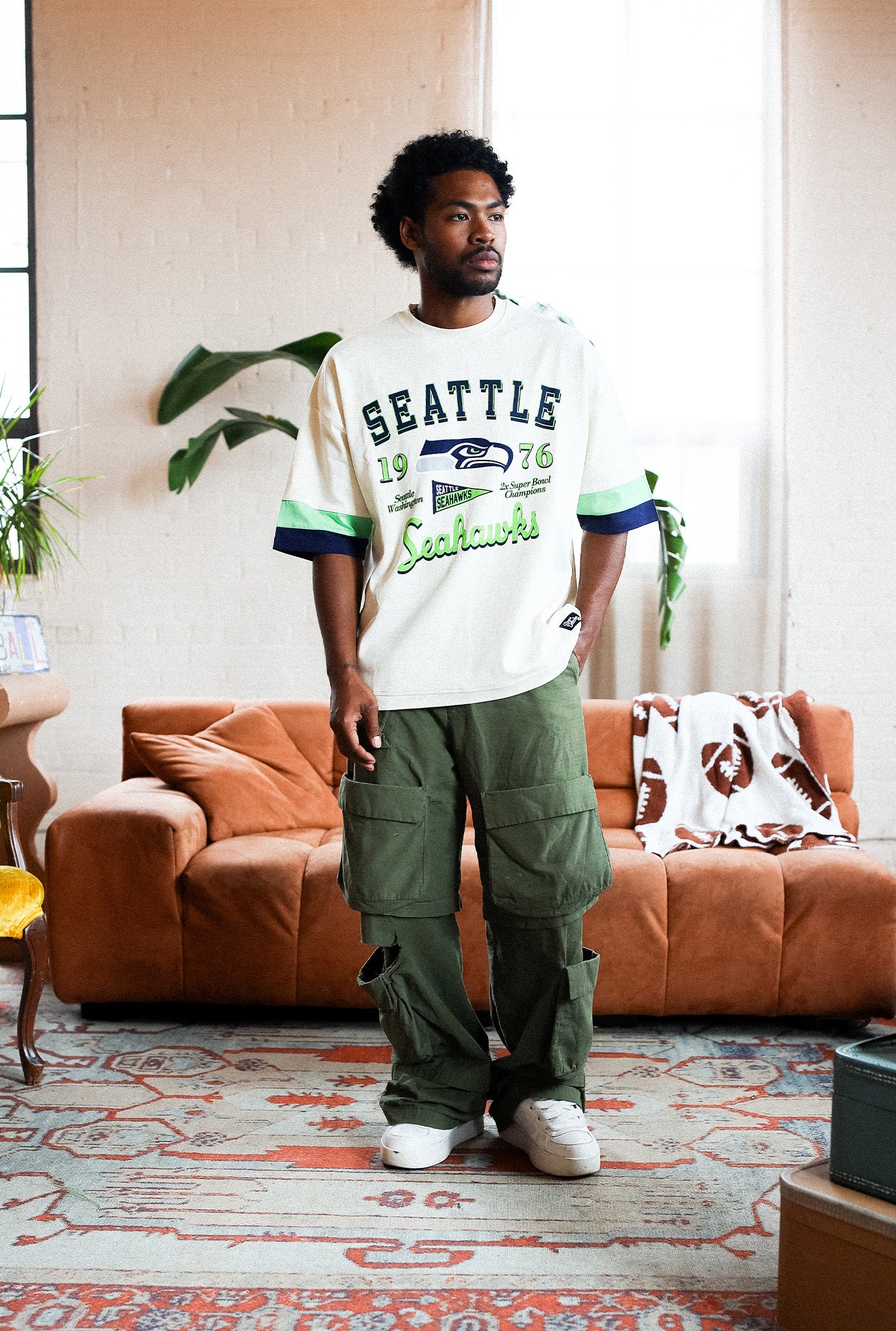 Seattle Seahawks Vintage Clubhouse Colour Blocked Heavyweight T-Shirt - Ivory