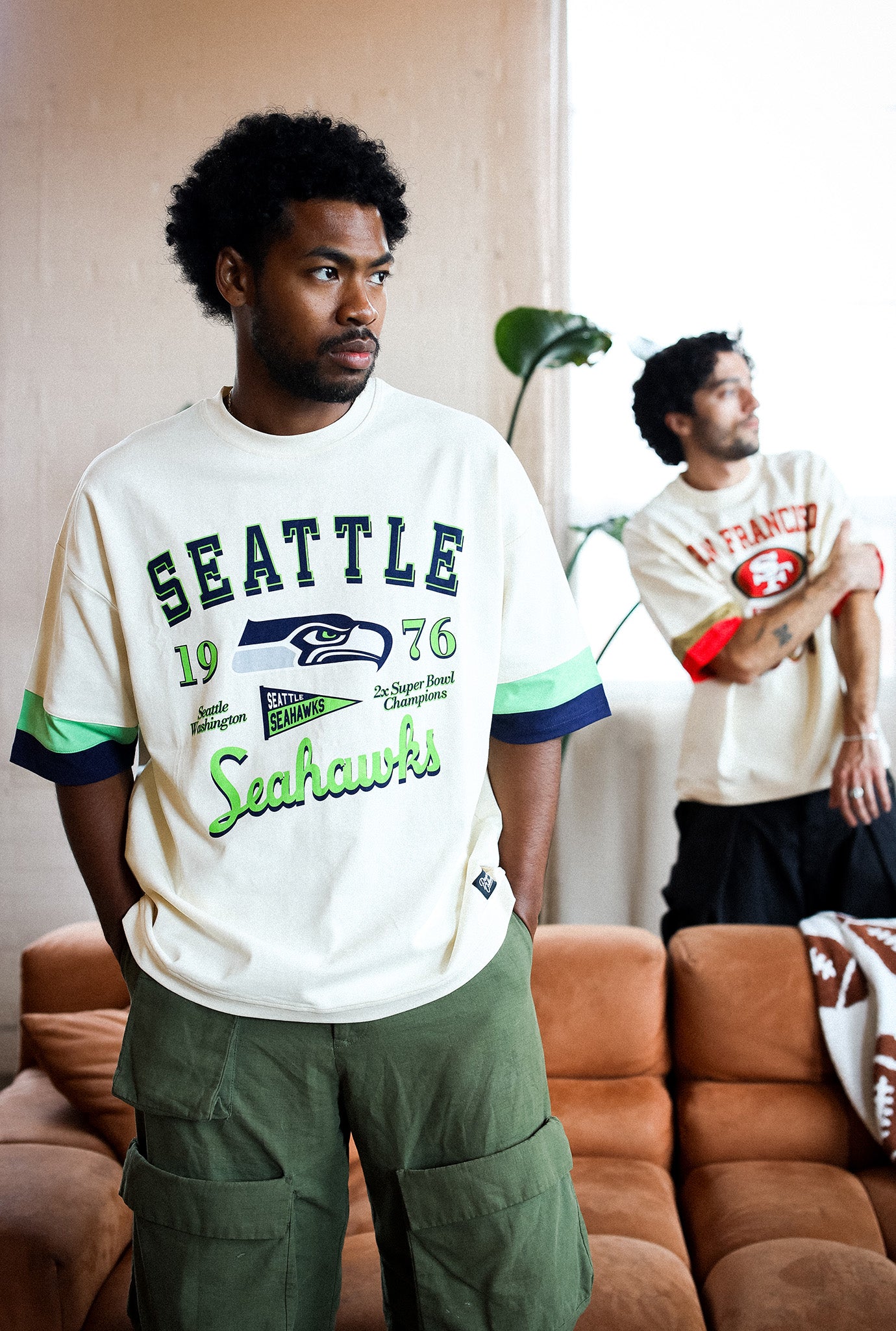 Seattle Seahawks Vintage Clubhouse Colour Blocked Heavyweight T-Shirt - Ivory