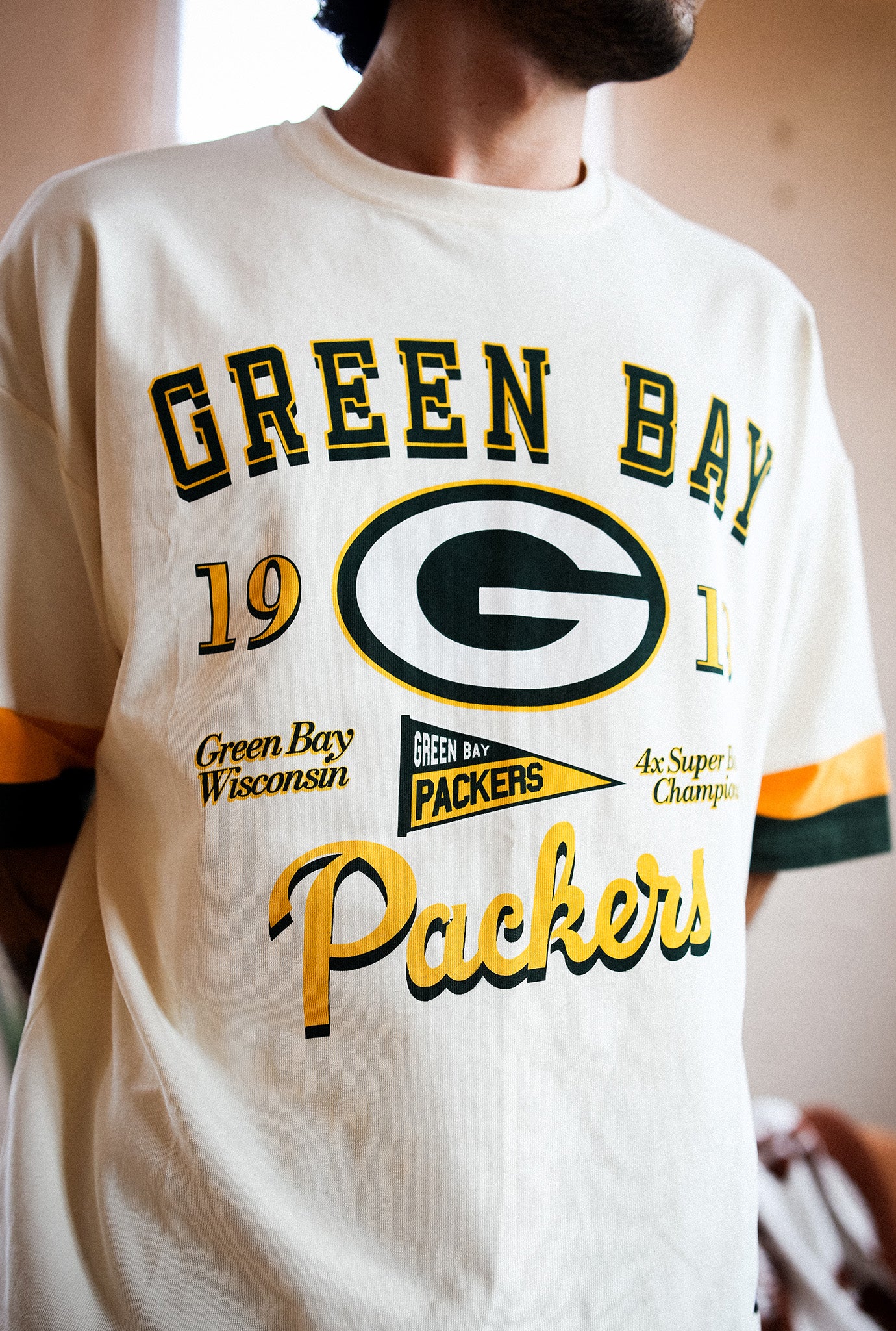 Green Bay Packers Vintage Clubhouse Colour Blocked Heavyweight T-Shirt - Ivory