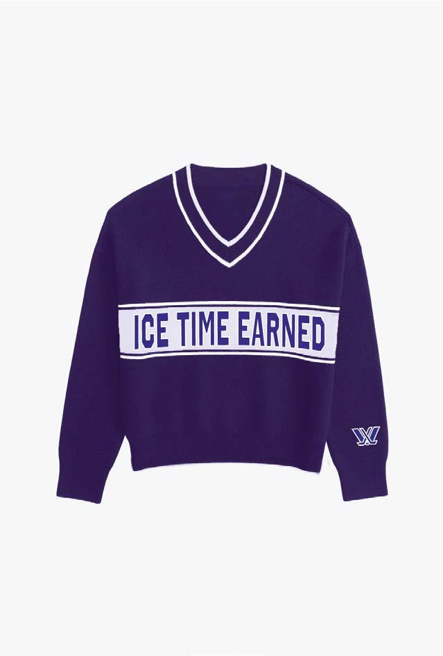 Ice Time Earned Retro Women's V-Neck Knit Sweater - Purple