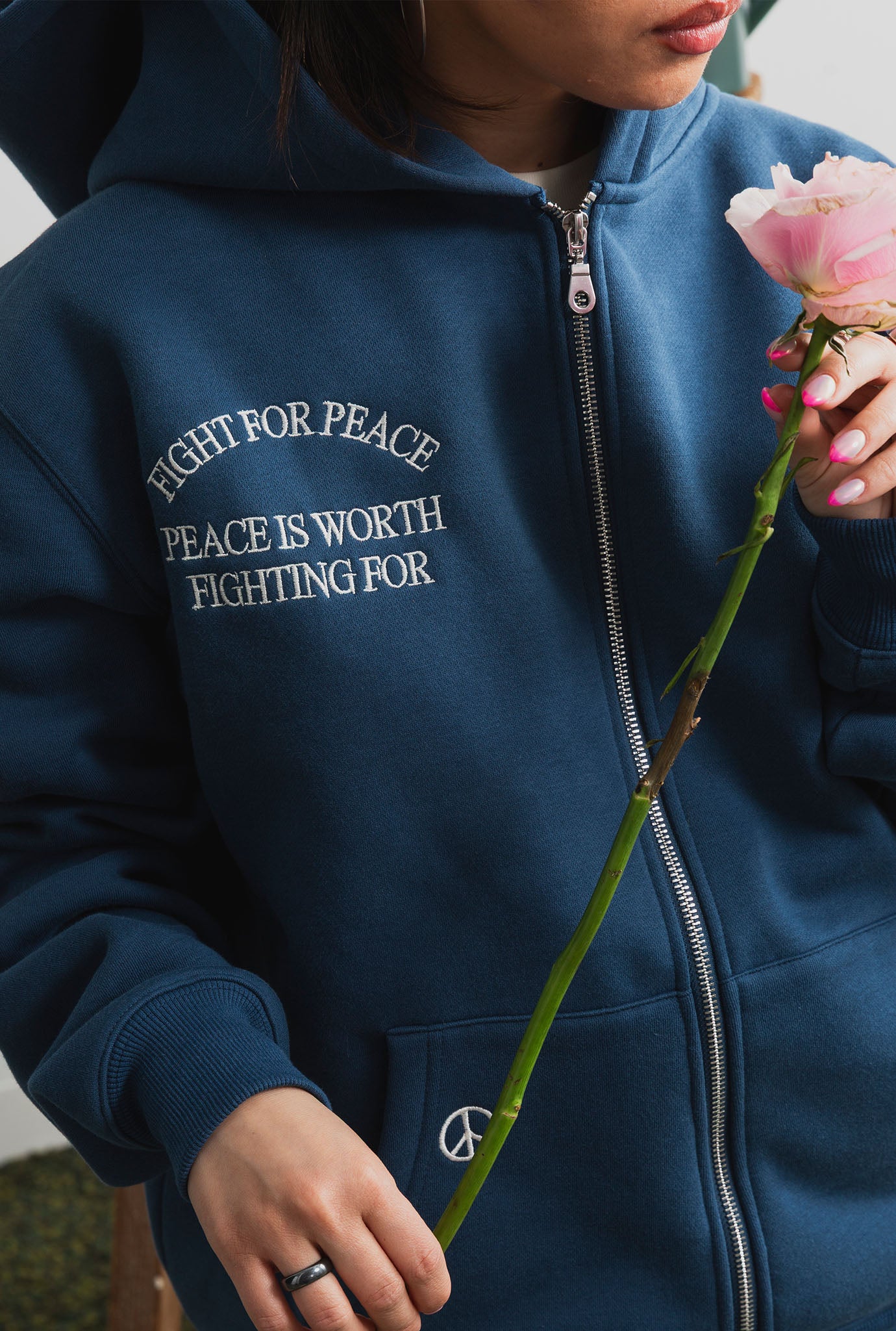 Peace Pigment Dye Heavyweight Full Zip Hoodie - Navy