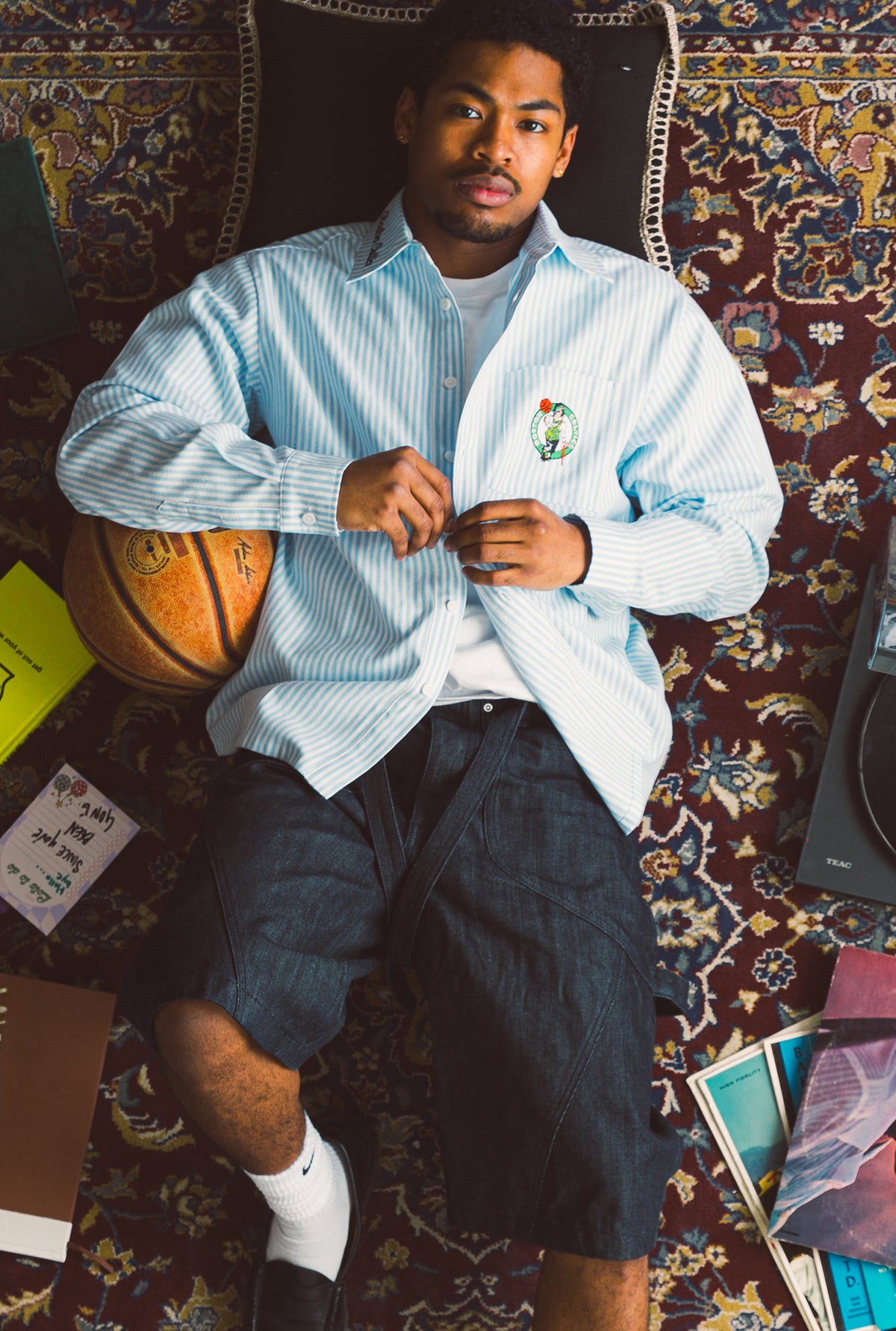 Chemise à manches longues en popeline Boston Celtics - Blanc / Bleu