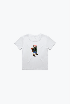 Vacances d'été Trash Teddy : T-shirt bébé ours en peluche de randonnée - Blanc