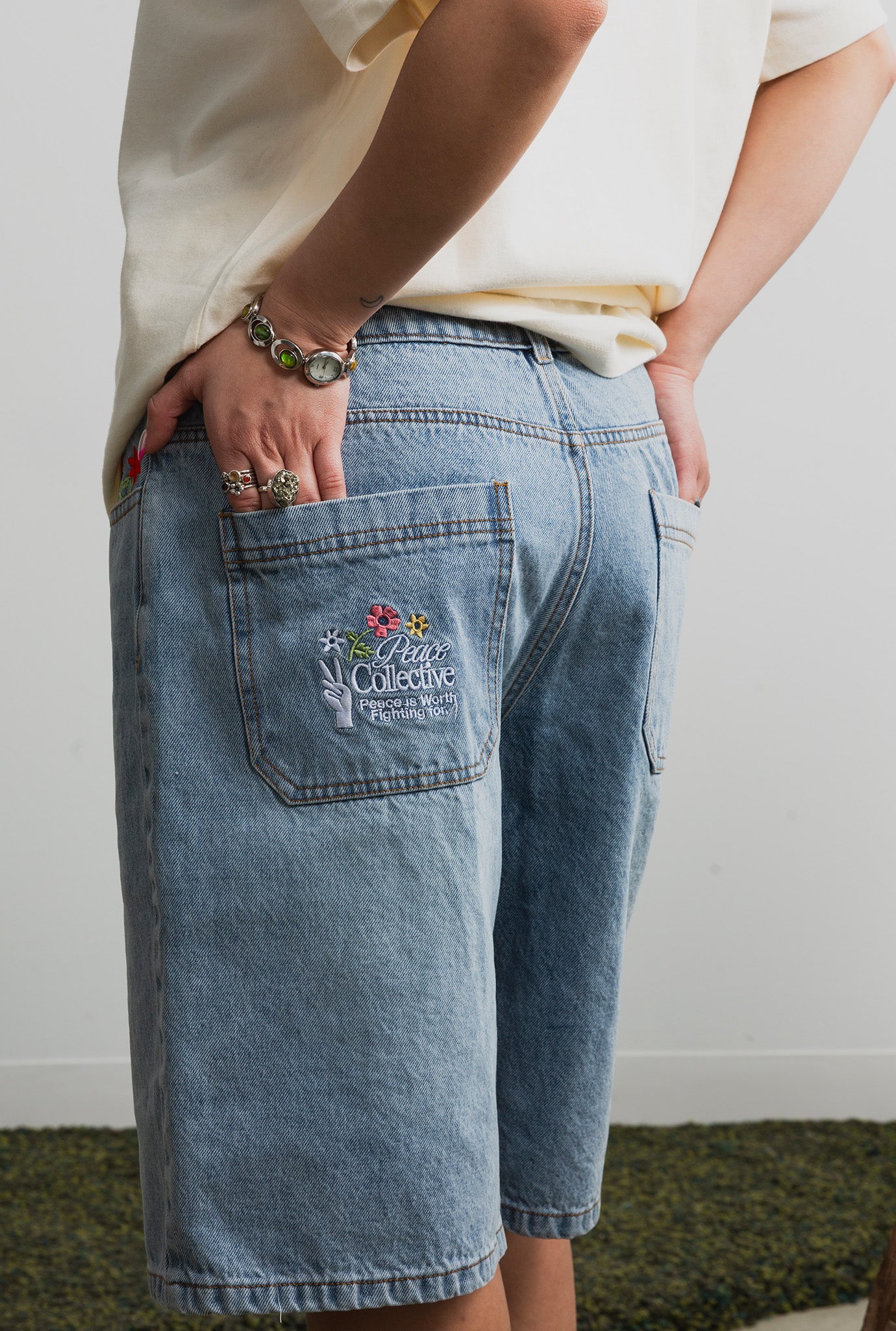 Peace Baggy Floral Denim Shorts - Blue