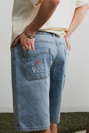 Peace Baggy Floral Denim Shorts - Blue