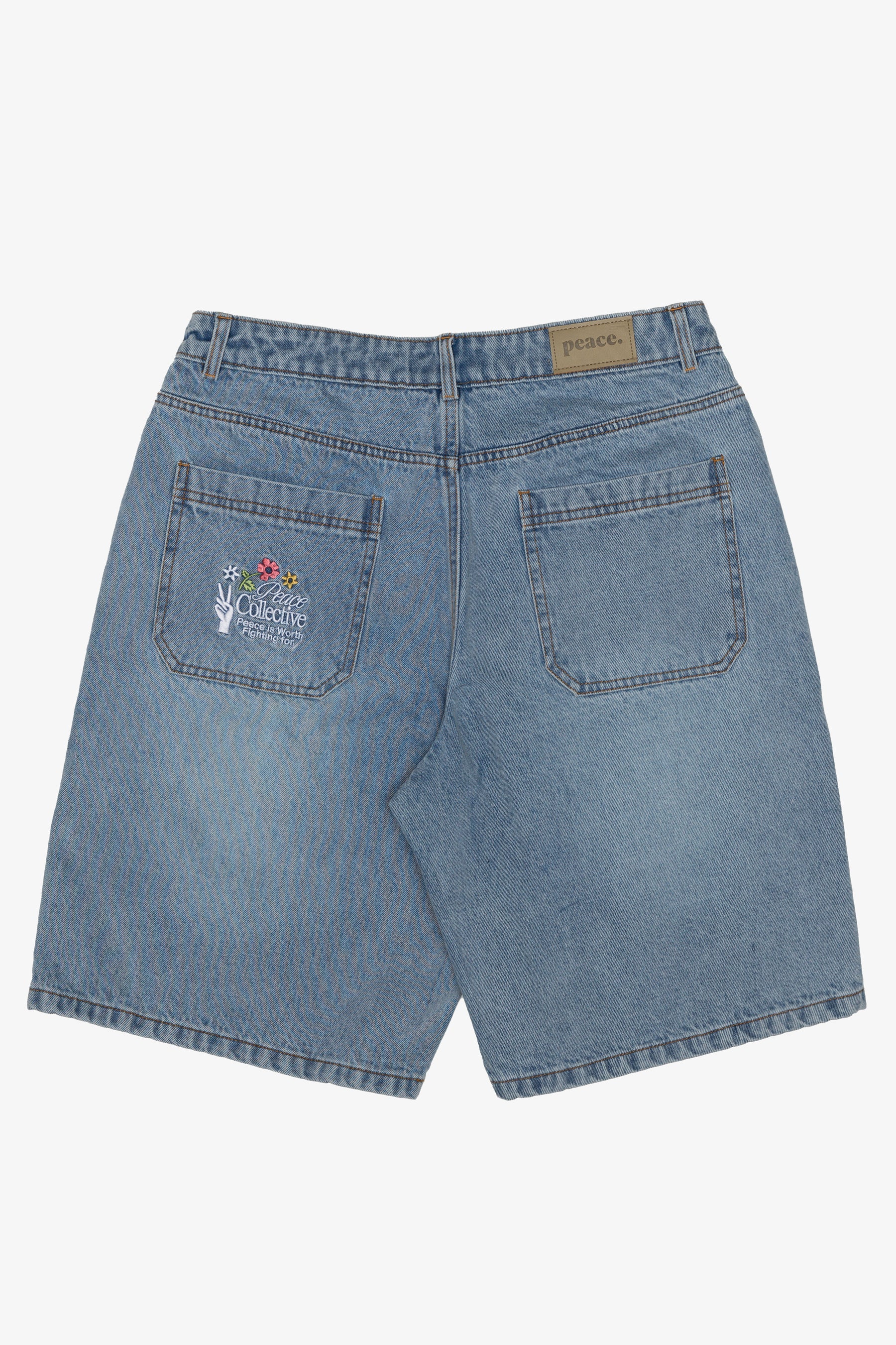 Peace Baggy Floral Denim Shorts - Blue