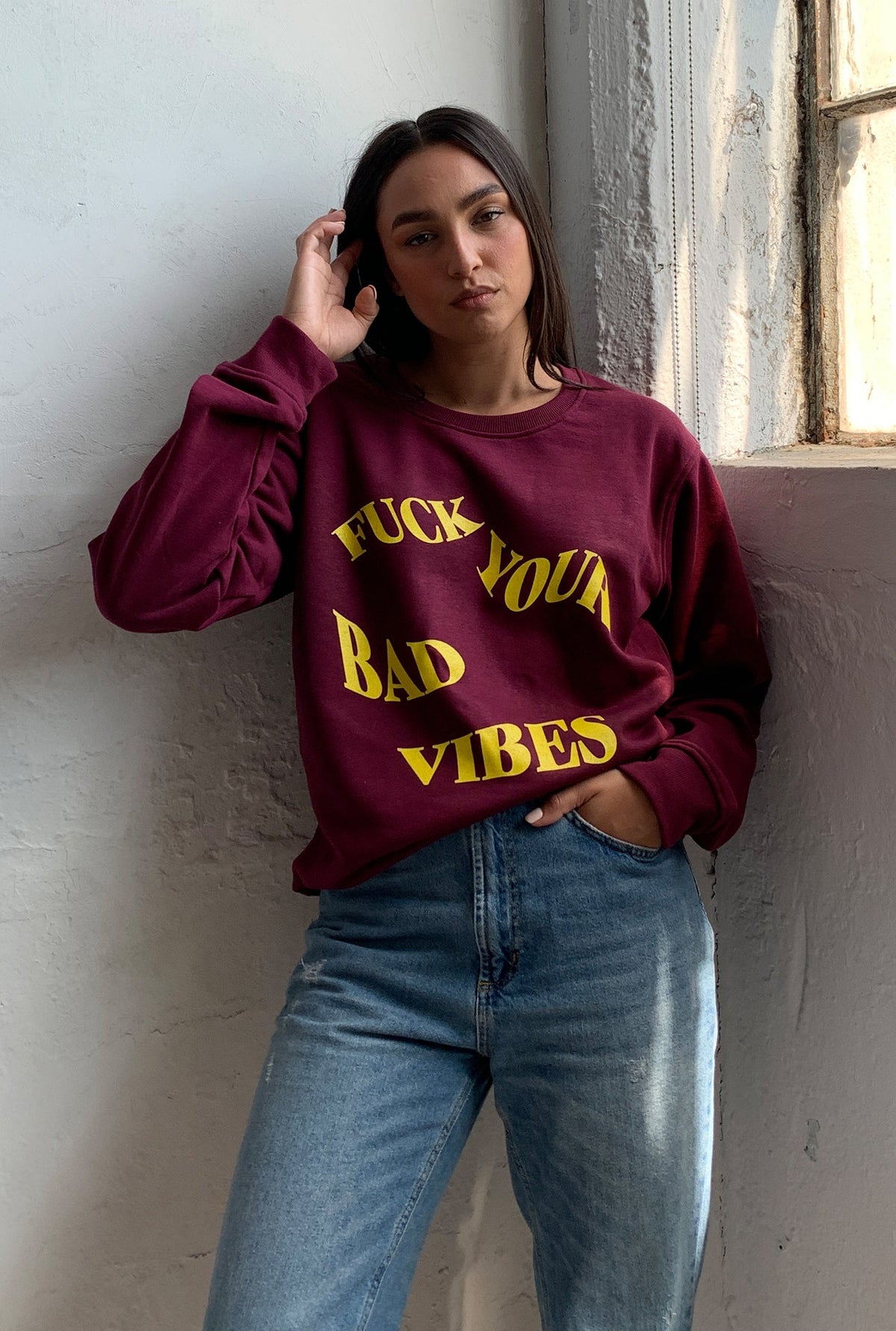 Fuck Your Bad Vibes Waved Graphic Crewneck - Maroon