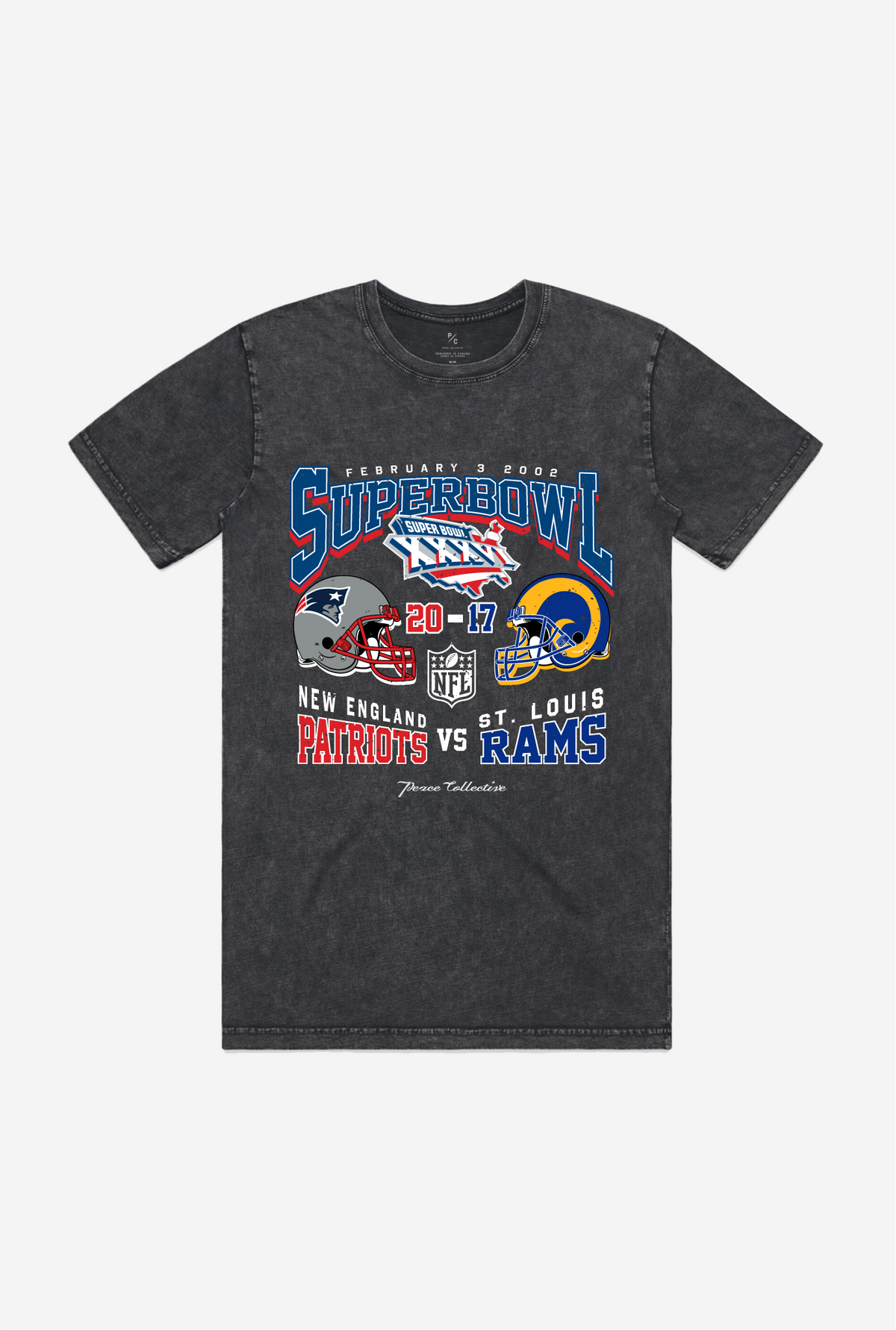 Super Bowl XXXVI: New England Patriots vs St. Louis Rams Stonewashed T-Shirt - Black
